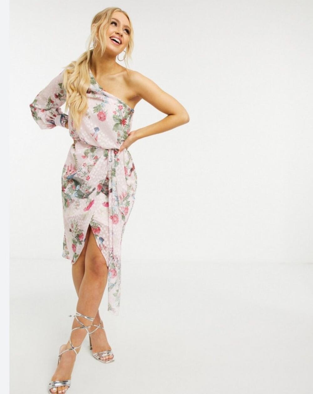 Lipsy x Abbey Dress Size 12 Pink Chiffon Bird Floral Single Shoulder NWT